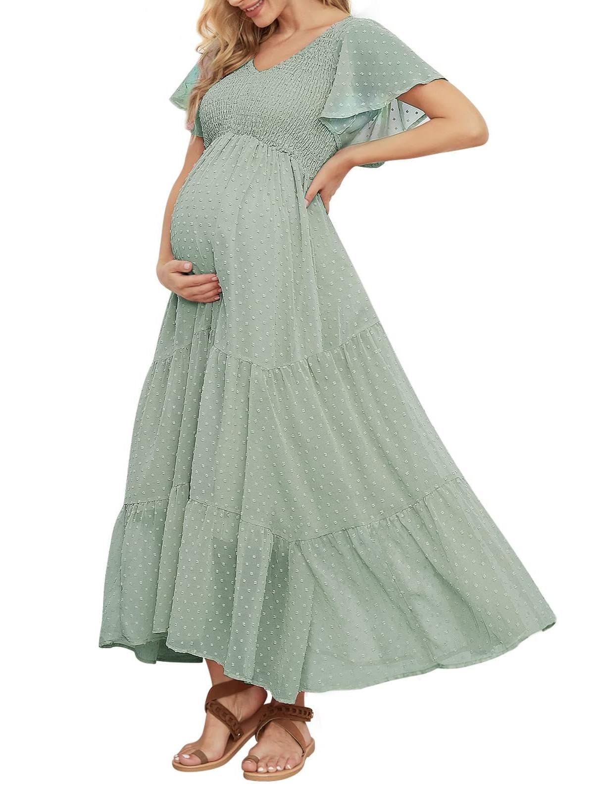 Swiss Dot Maternity Dress, V Neck Ruffle Sleeve Maternity Dresses for Photoshoot Baby Shower, Smocked Tiered Pregnancy Dress
