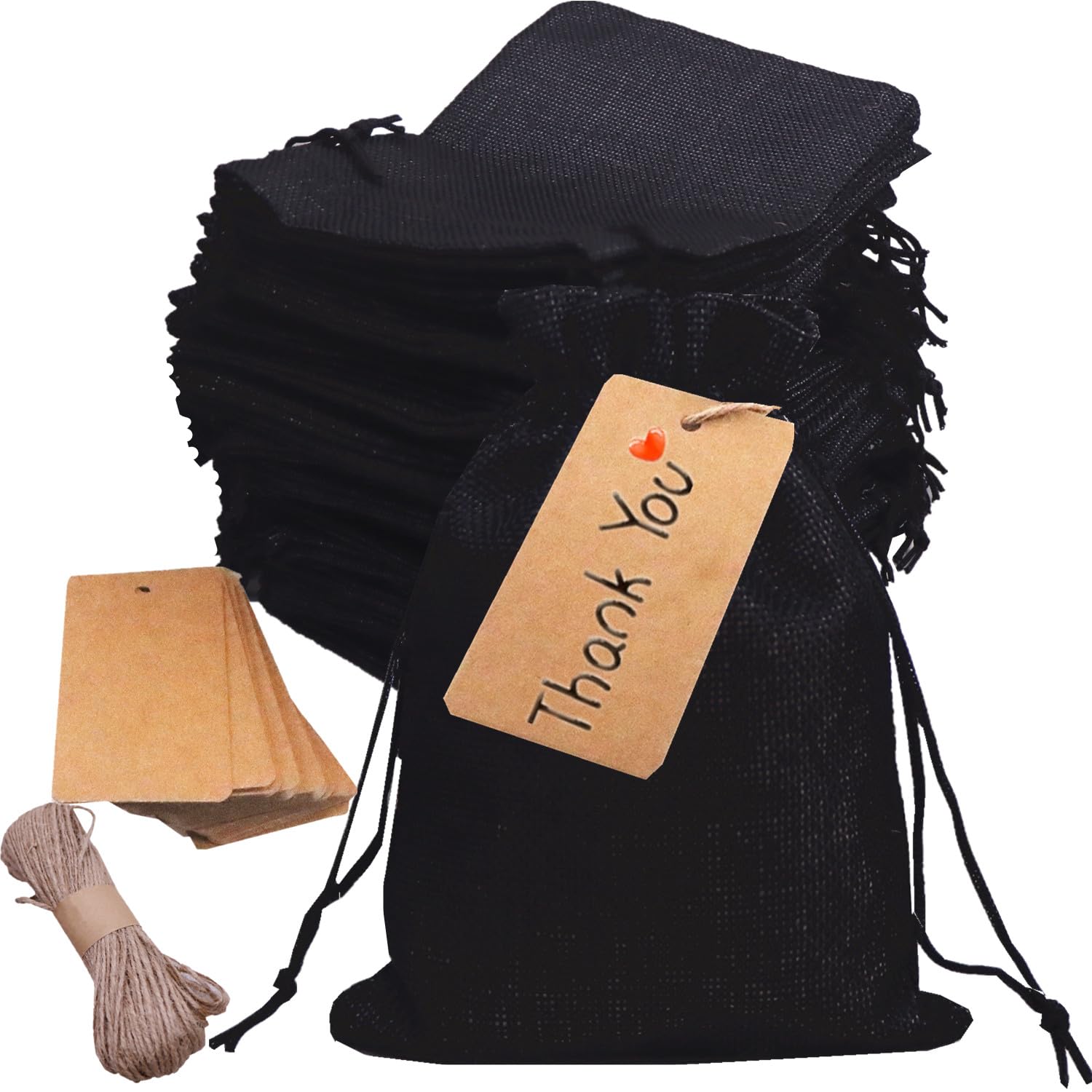 Gbateri 50 Pack Linen Burlap Bags with Drawstring - 5x7” Jute Hessian Jewelry Pouches Party Favor Treat Bags with Strings & Tags for Christmas Wedding Birthday (Black)