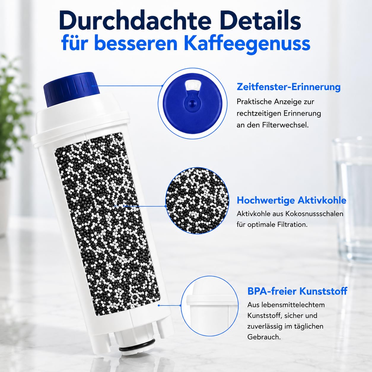 Filtro dell'acqua per Delonghi DLSC002, compatibile con ECAM, ETAM, Magnifica, Dinamica, Eletta - Filtro di ricambio al carbone attivo per macchine da caffè automatiche, senza cloro e insapore