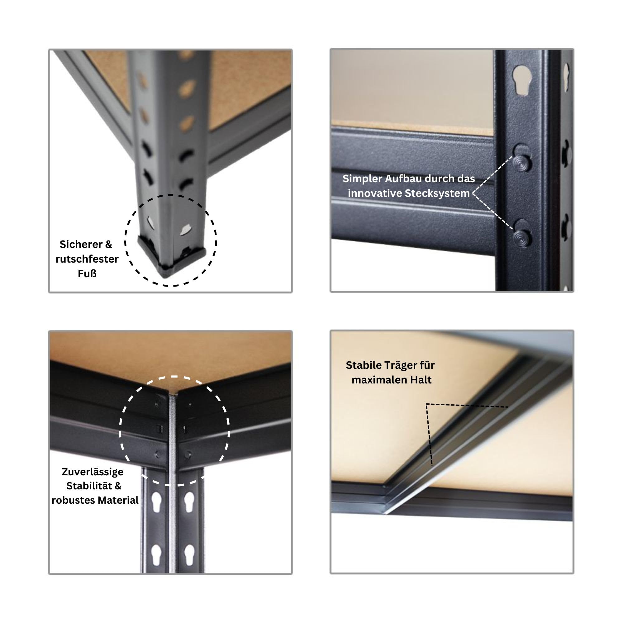 PROREGAL Schwerlastregal Rivet HxBxT 180x150x60cm Fachlast 250kg, Innovatives Stecksystem, Schwarz, Garagenregal, Lagerregal, Steckregal, Stahl, Kellerregal
