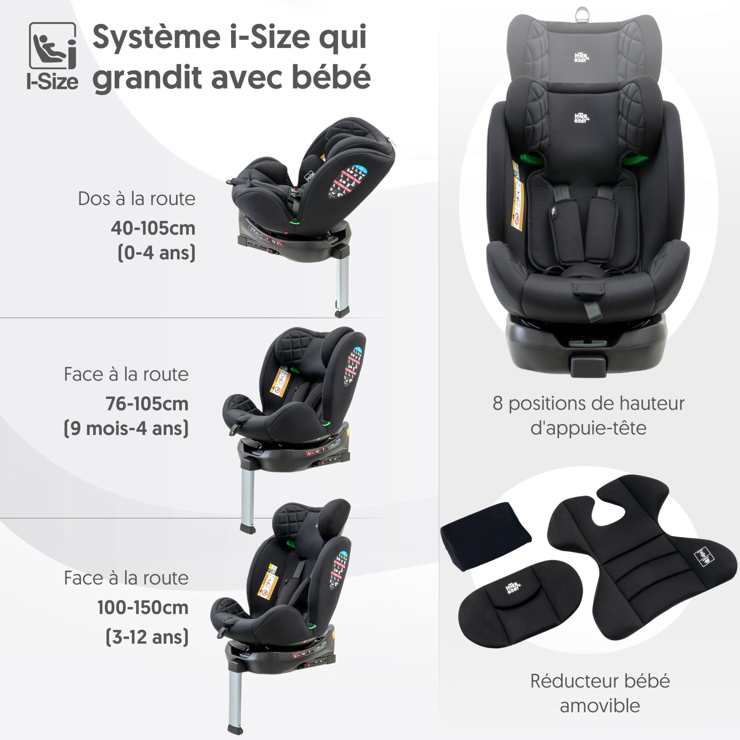 Interbaby Siège Auto Bébé Sella i-Size ISOFIX 360° Groupe 0+1+2+3 (Noir) | Siège auto pivotant 360 inclinable 40-150 cm, réducteur nouveau-né, protection latérale SIP, appui-tête réglable