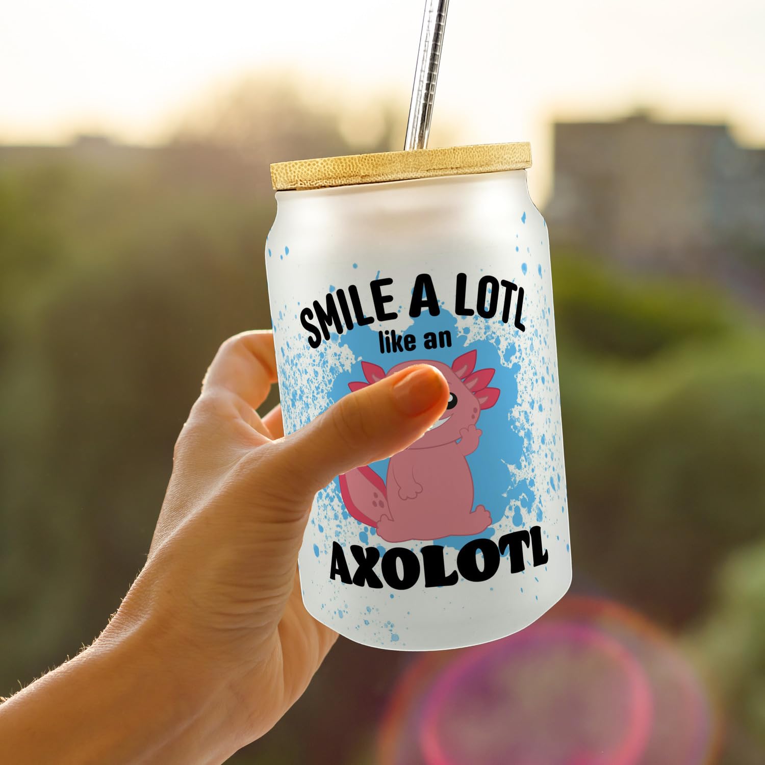 Axolotl Trinkglas Mit Bambusdeckel – Niedliches Glas Mit Spruch 'Drink Alotl', 400 Ml, Inkl. Edelstahl-Strohhalm