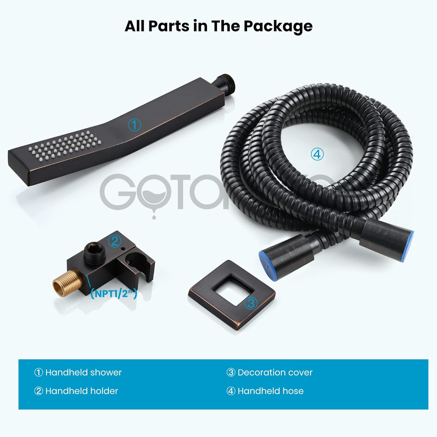 gotonovo Oil-Rubbed Bronze Solid Brass Hand Held Shower Head Wall Mount Square Single Function With Wall Connector and Hose Handheld Showerheads Set