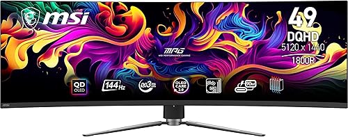 MSI MPG 491CQPA QD-OLED Monitor Curvo de 49 Pulgadas DQHD Gaming - 1800R, 5120 x 1440 Quantum Dot OLED Panel, 240Hz/0.03ms, 99% DCI-P3, ΔE ≤2,DisplayHDR True Black 400, KVM - DP 1.4a, HDMI 2.1