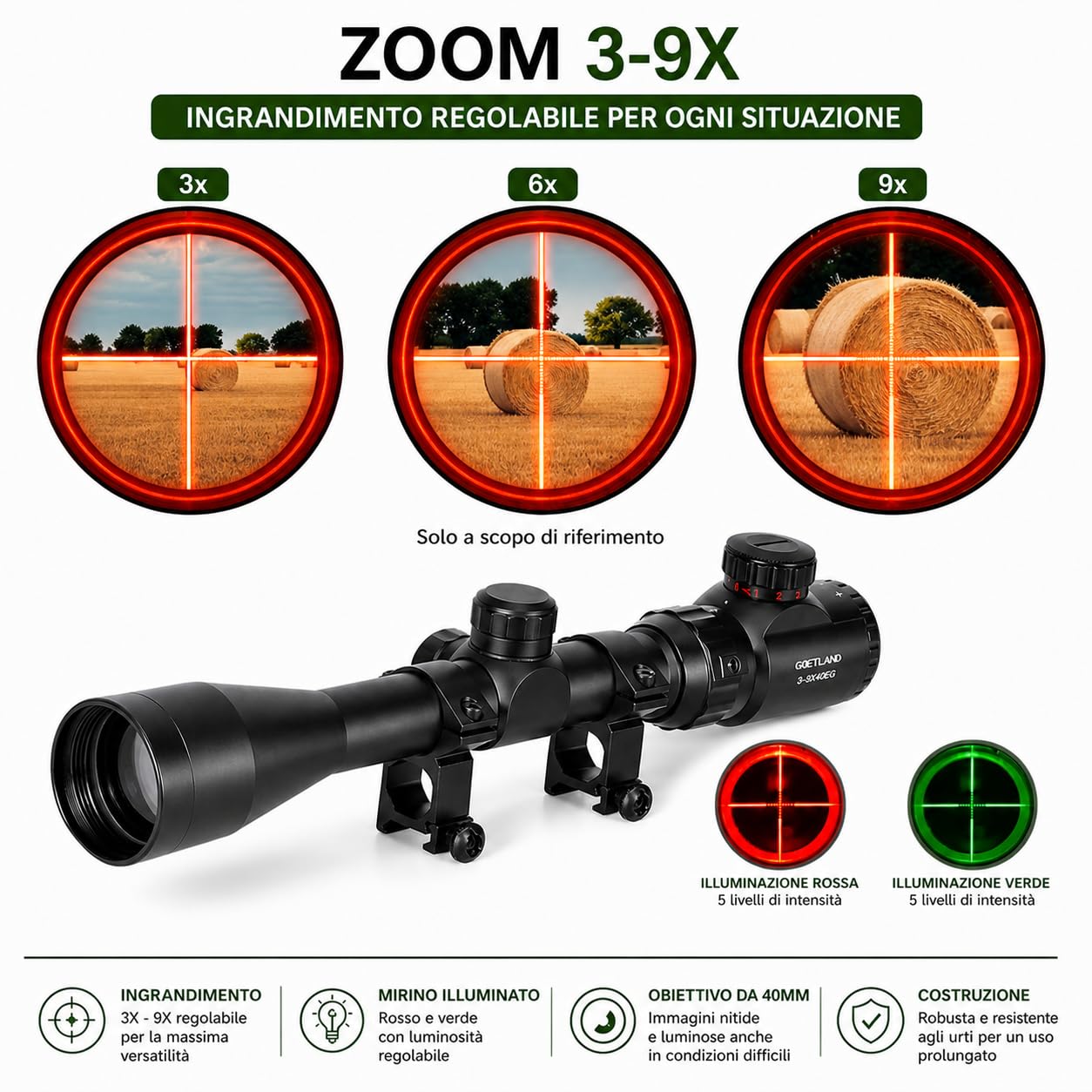 Topolenashop Mirino Ottico 3-9x40EG Con Reticolo Illuminato Verde/Rosso, Cannocchiale Con Zoom Variabile 3-9x, Regolazione Deriva/Elevazione, Attacco Weaver 22mm Incluso | 85116-3-9 * 40EG