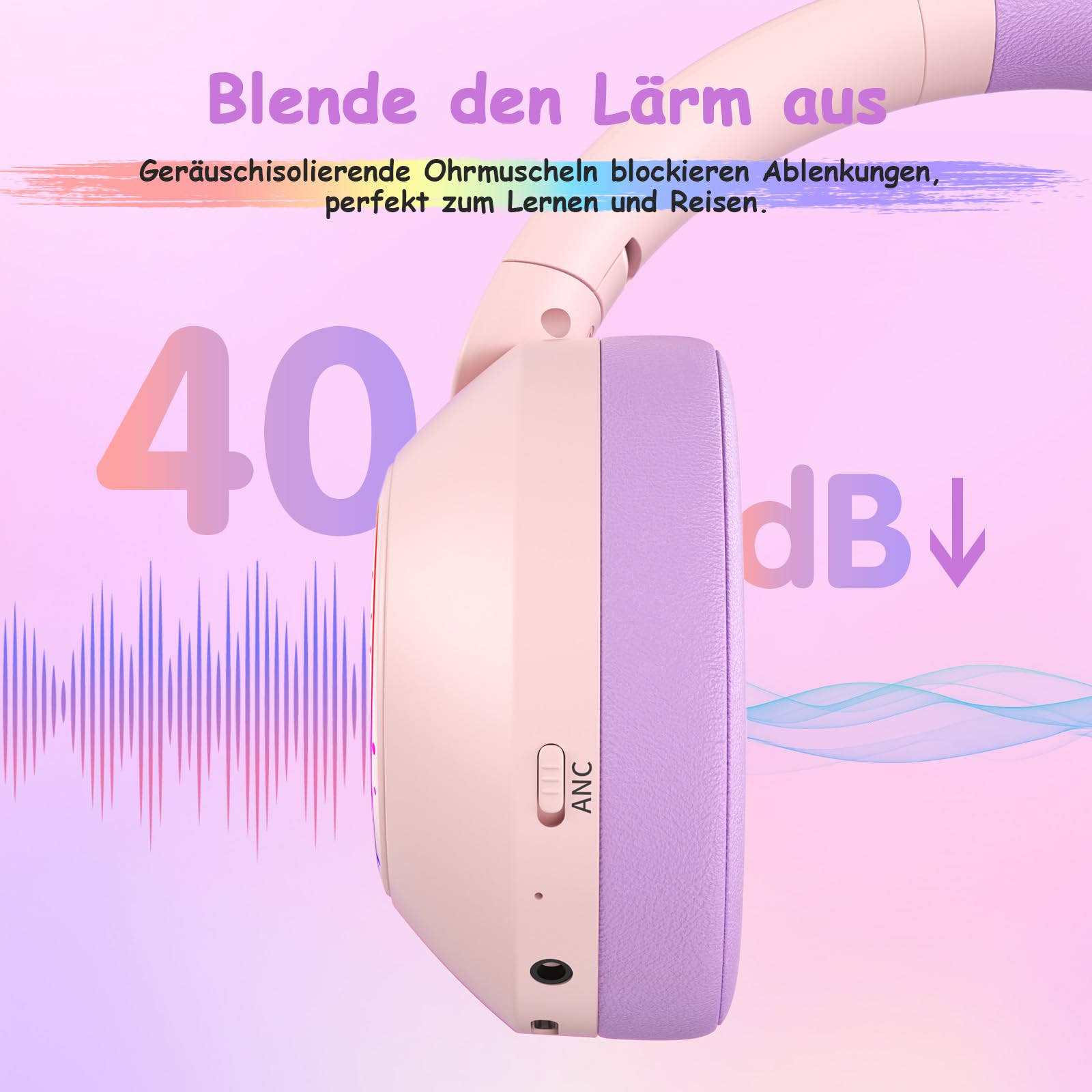 TONOSHARK Noise Cancelling Kopfhörer Kinder, Kinderkopfhörer Bluetooth, Bunte RGB LED Leuchte, 60h Spielzeit, Bluetooth 5.4, Headset Over Ear, Für Zuhause/Schule, Inkl. Kopfhörer Case (Rosa)