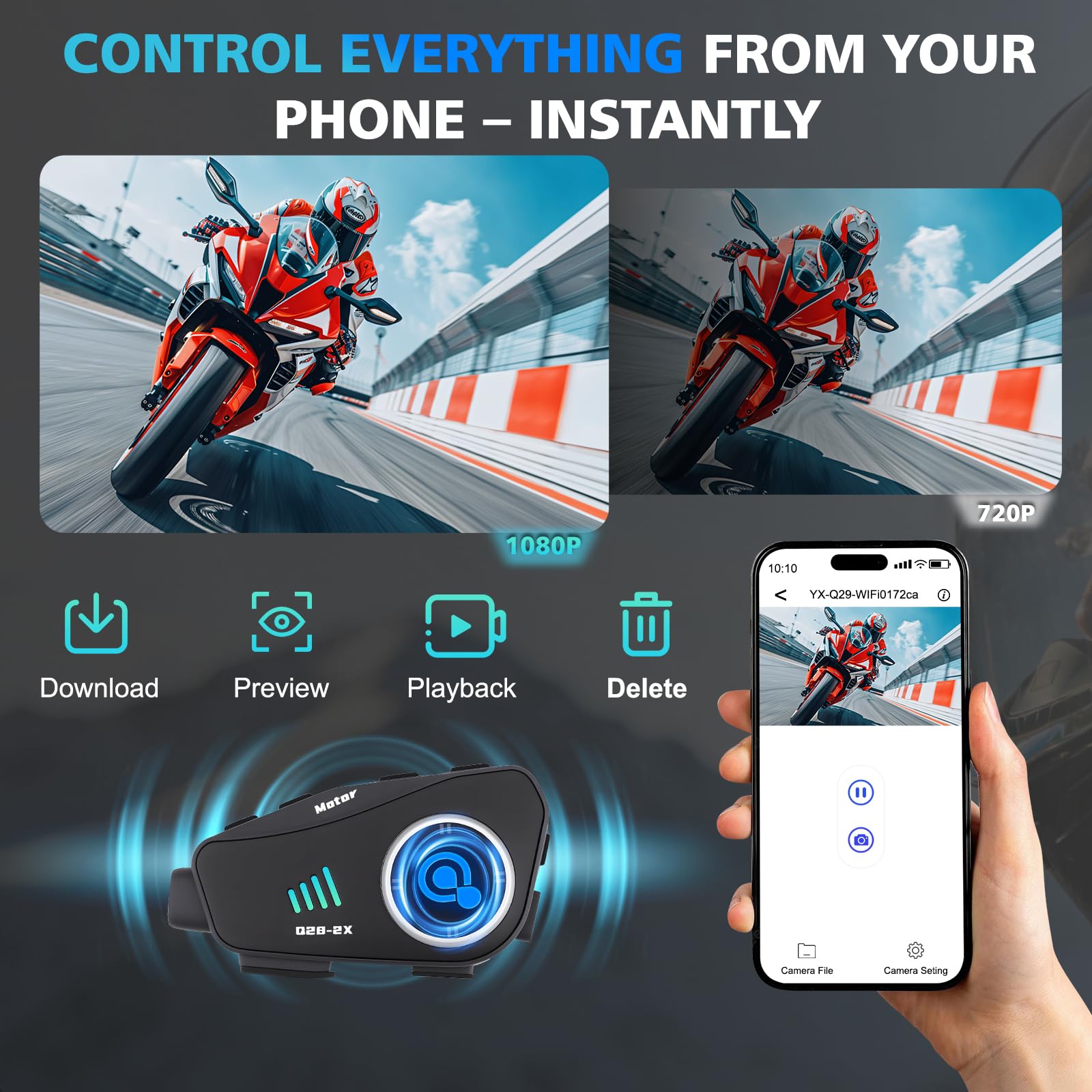 Écouteur Moto avec Dashcam BT5.0, Caméra 1080P 32Go WiFi, Intercom Duo 1000m, Batterie 1500mAh Longue autonomie, Réduction de Bruit CVC, IPX6 étanche et Commande vocale