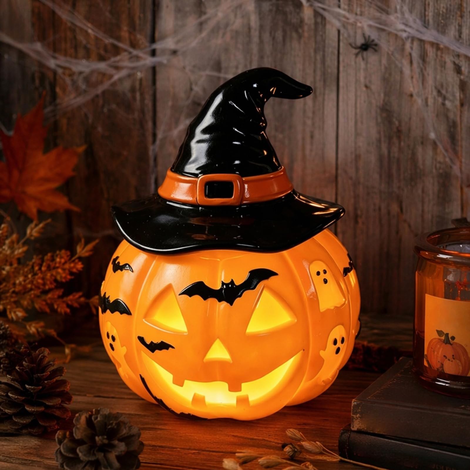Stained Glass Halloween Pumpkin Table Lamp, Witchy Halloween Night Light