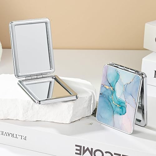 Miniatura 5 de dcdcee Espejo de bolsillo, pequeño espejo de viaje con aumento, espejo cosmético portátil de doble cara con aumento para uso diario (mármol azul)