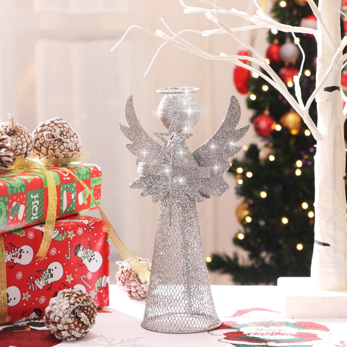 Amosfun Angel Christmas Tree Topper Silver Christmas Tree Top Decoration Coated Metal Angel Xmas Topper Ornaments for Holiday Home Office Shopping Mall Decor - Image 3