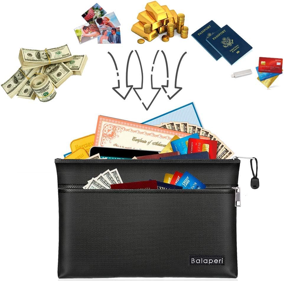 BALAPERI Fireproof Document Bag Two Pockets Two Fireproof Zippers,11.4”x 7.87” Waterproof Fireproof Money Bag,Fireproof Safe Storage Pouch with Zipper for A5 Document Holder,File,Cash,Passport,Jewelry : Everything Else