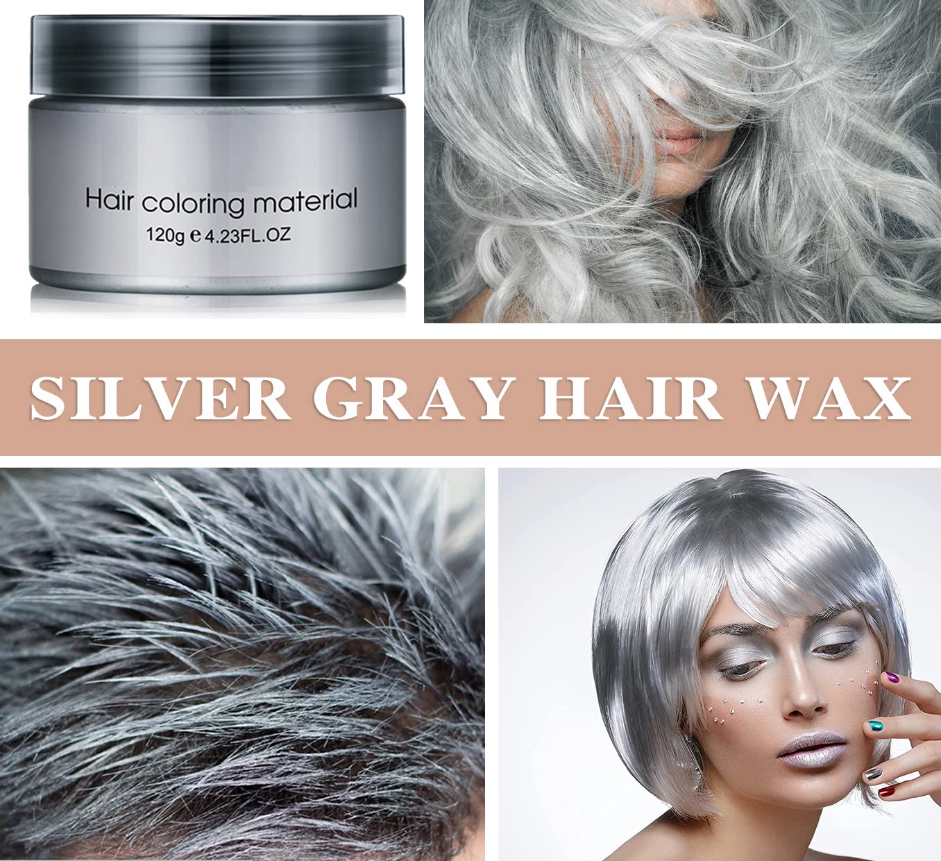 Silver Gray Hair Wax,Temporary Natural Mud Grey Hair Dye Coloring Wax for Cosplay,Party,Show,Daily Use Etc,Long Lasting,Washable,Refreshing & Non-greasy Matte Hairstyle Ash