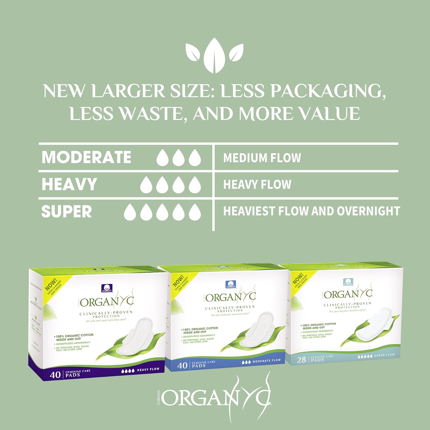 Organyc New and Improved 100% Certified Organic Cotton Inside and Out Overnight Feminine Pads, Heaviest Flow, Super Absorbency, 28 Count