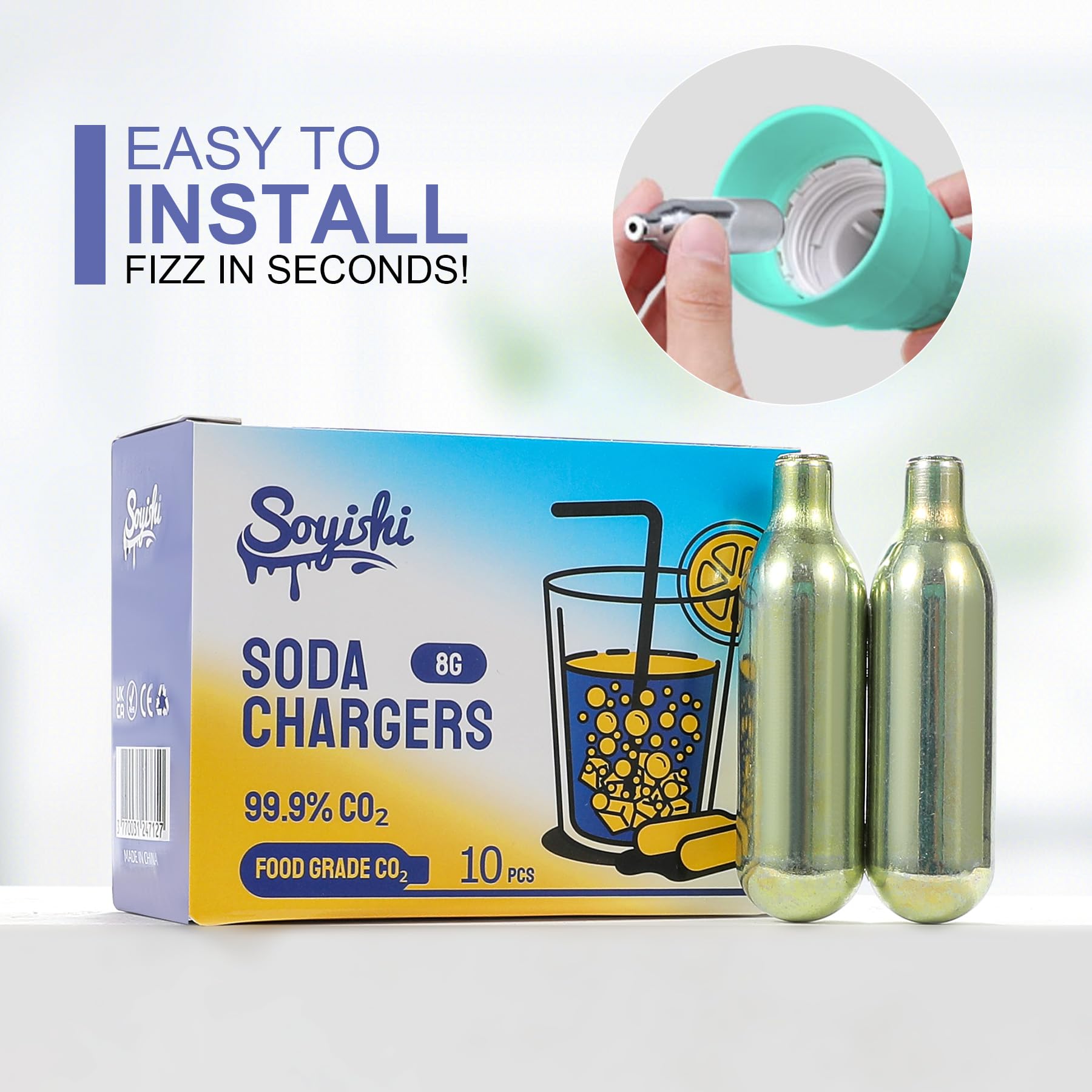 Soyishi CO2 8g Soda Cartridges for Soda Maker Food Grade Seltzer Water Cartridges Non-Threaded Soda Chargers Compatible With Soda Siphons(10 Pcs)