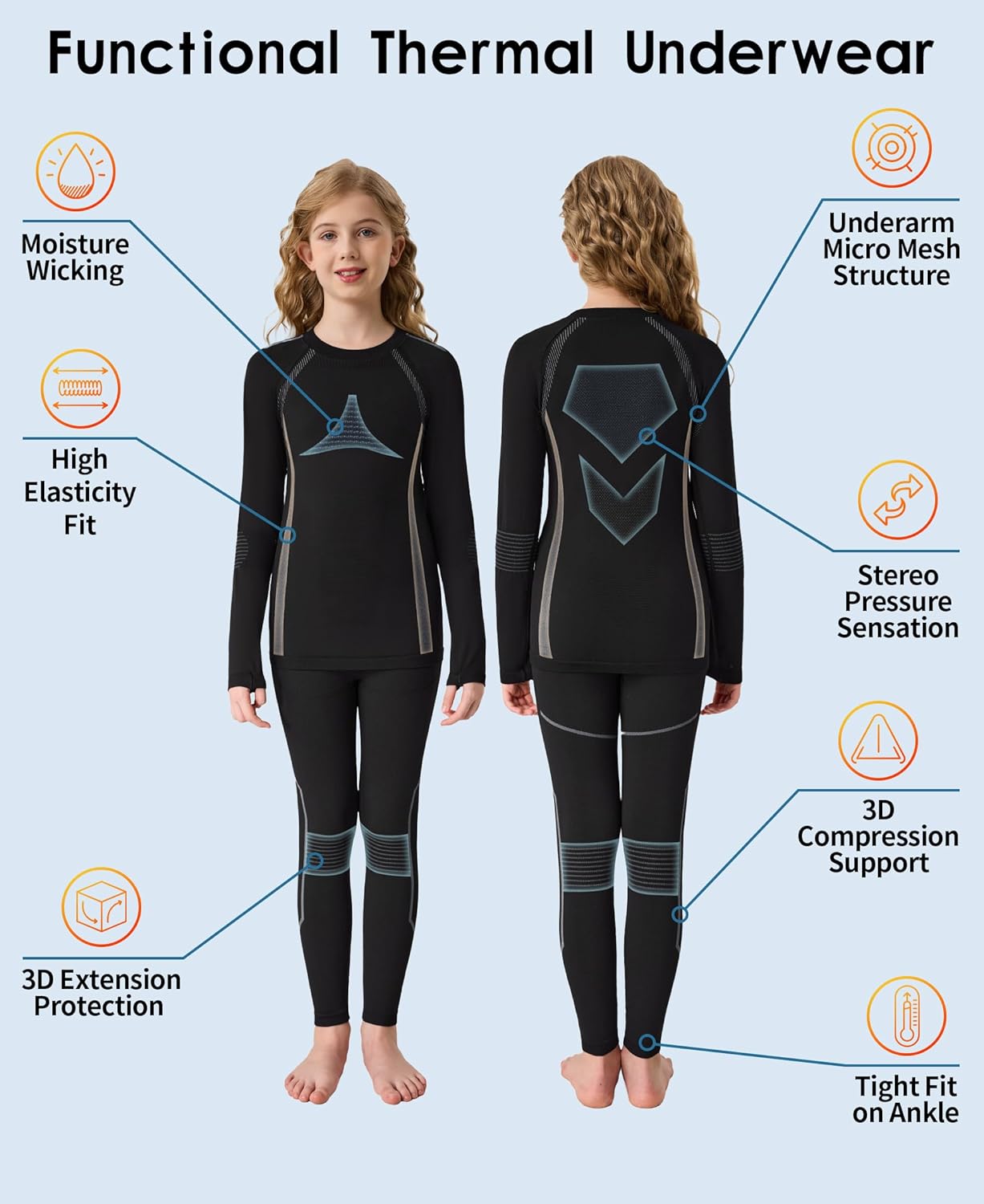 beautyin Thermal Underwear for Kids Athletic Thermals Top and Bottom Set Boys Girls Long Johns Set Winter Base Layer - Image 4