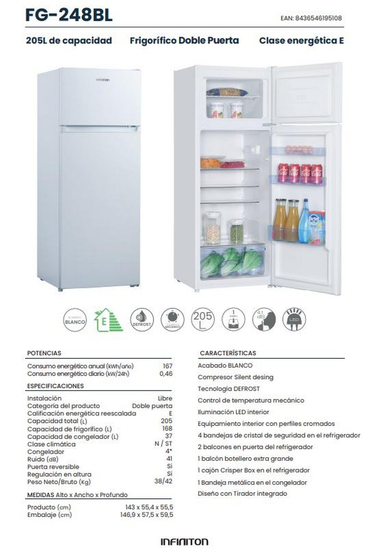 FRIGORIFICO INFINITON FG-248BL BLANCO (Dos Puertas, 205 litros, Alto 143cm, A++, FRESH ZONE, Independiente)