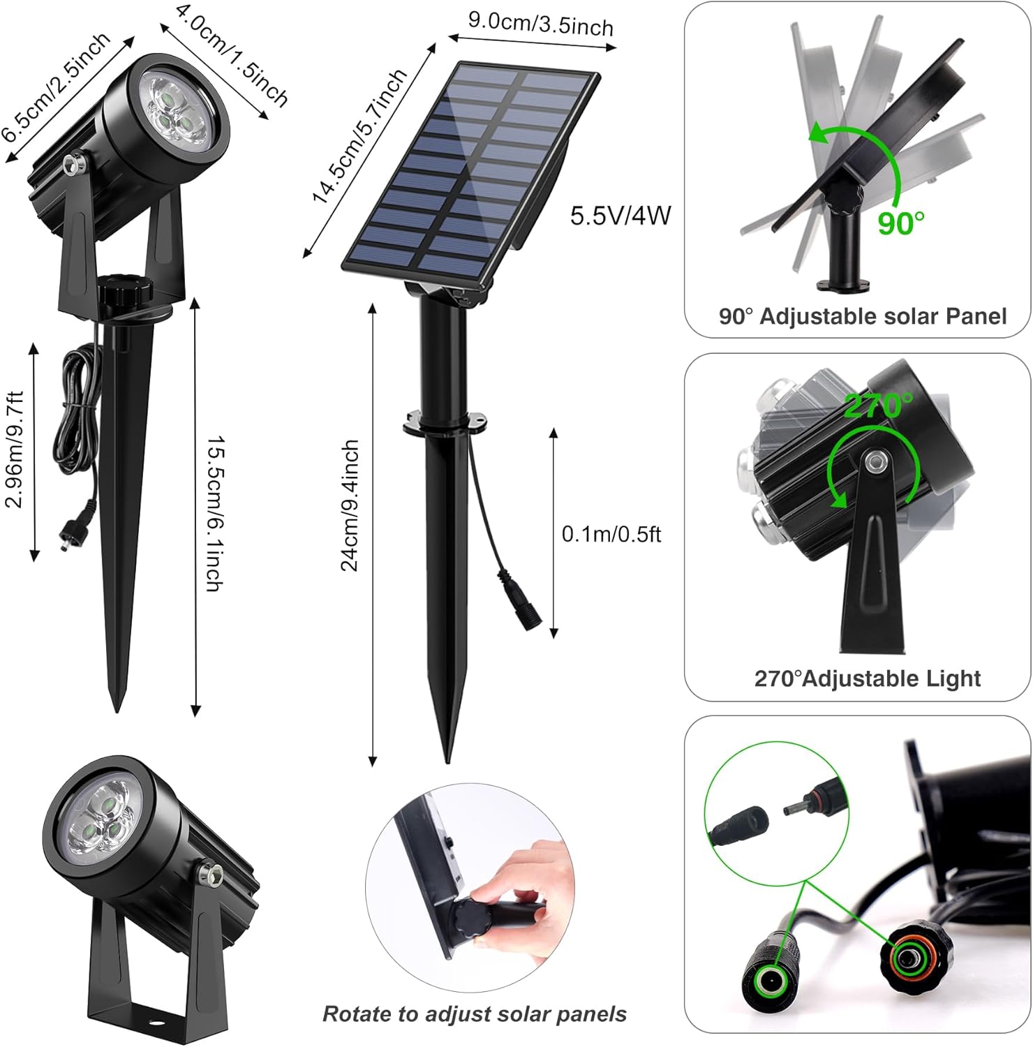 Green Solar Spot Lights Outdoor, 2 Pack Solar Landscape Spotlights IP65 Waterproof 9.8ft Cable, Auto On/Off Outdoor Wall Lights for Garden Yard Driveway Porch Walkway Pool (1-in-1)