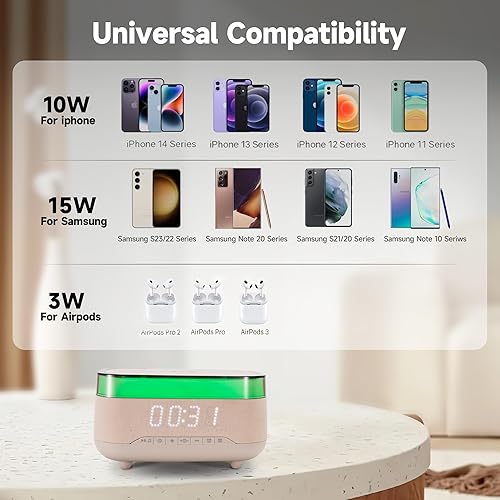 Miniatura 4 de Altavoz Bluetooth con carga inalámbrica, reloj despertador doble, 3 niveles de brillo, lámpara de noche digital 12/24 horas, estación de carga