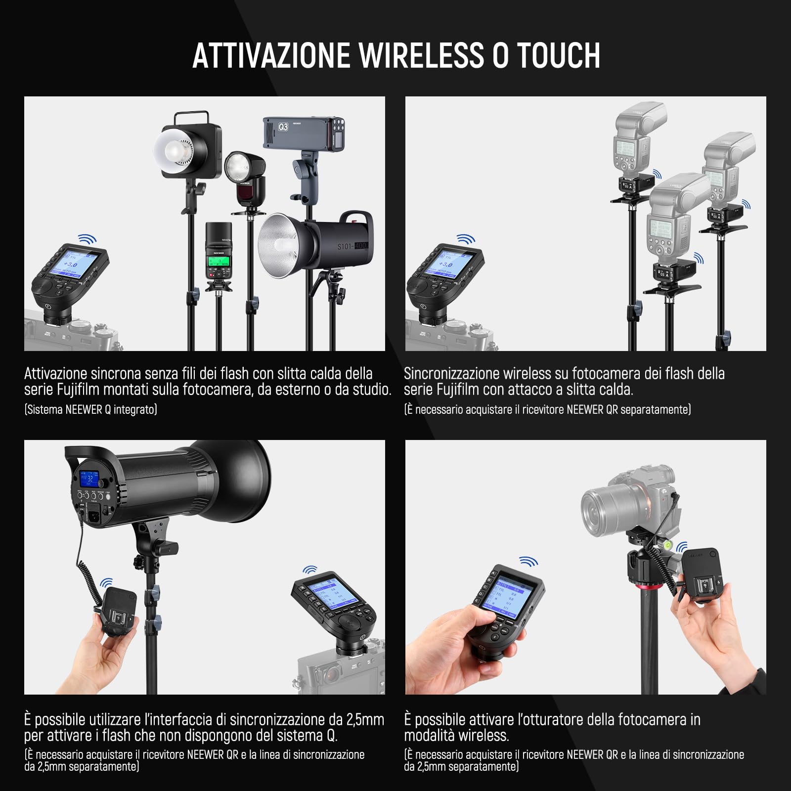NEEWER QPRO-F TTL Trigger Flash Wireless Migliorato Compatibile con Fujifilm 1/8000s Grande Schermo Inclinato 5 Gruppi 9 Funzioni per Q6 Q4PRO Q120 Z3R Z2PRO Z880 S102-400W PRO
