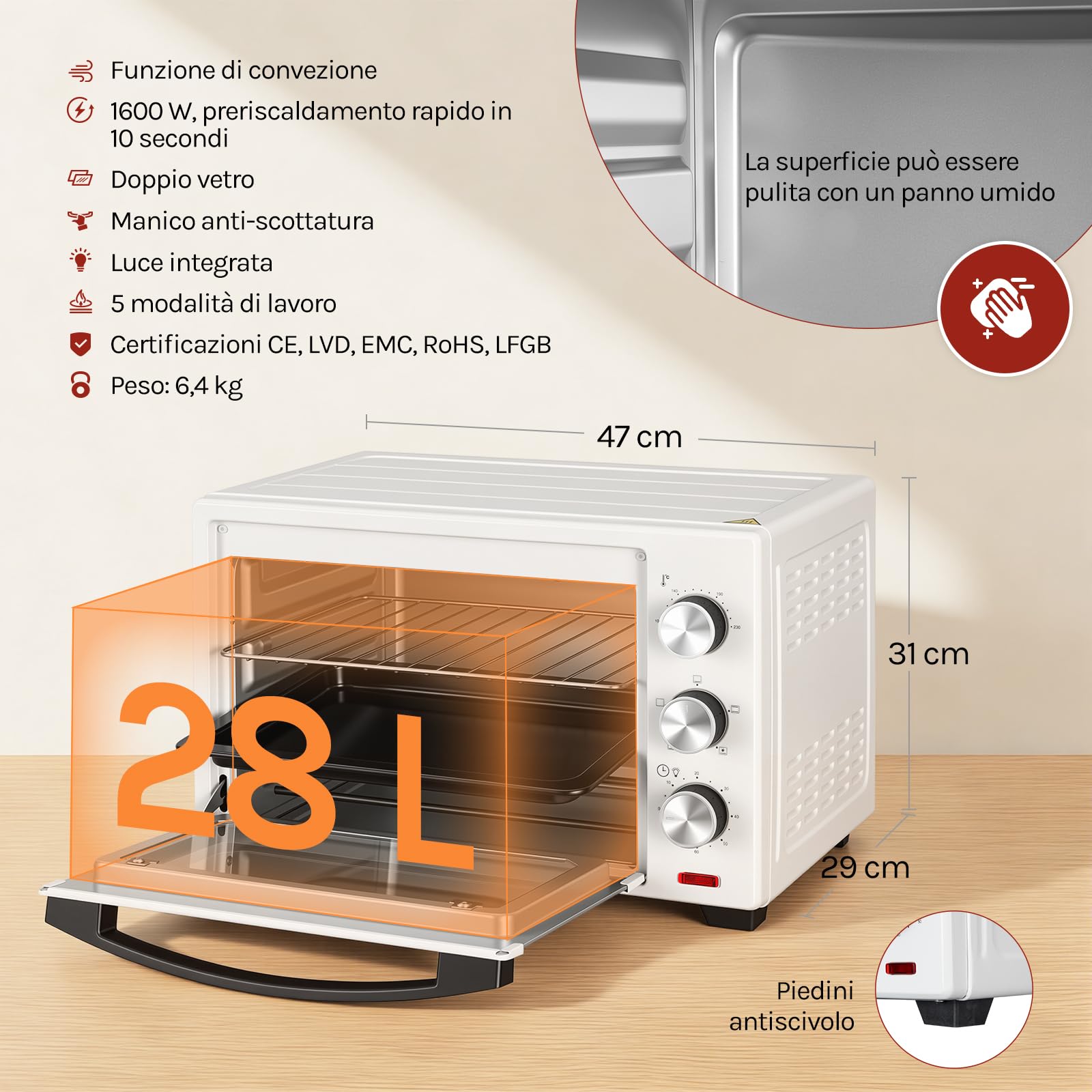 WOLTU Fornetto Elettrico 28L 1600W Temperatura 100-230°C Timer 0-60min Doppio Vetro Bianco