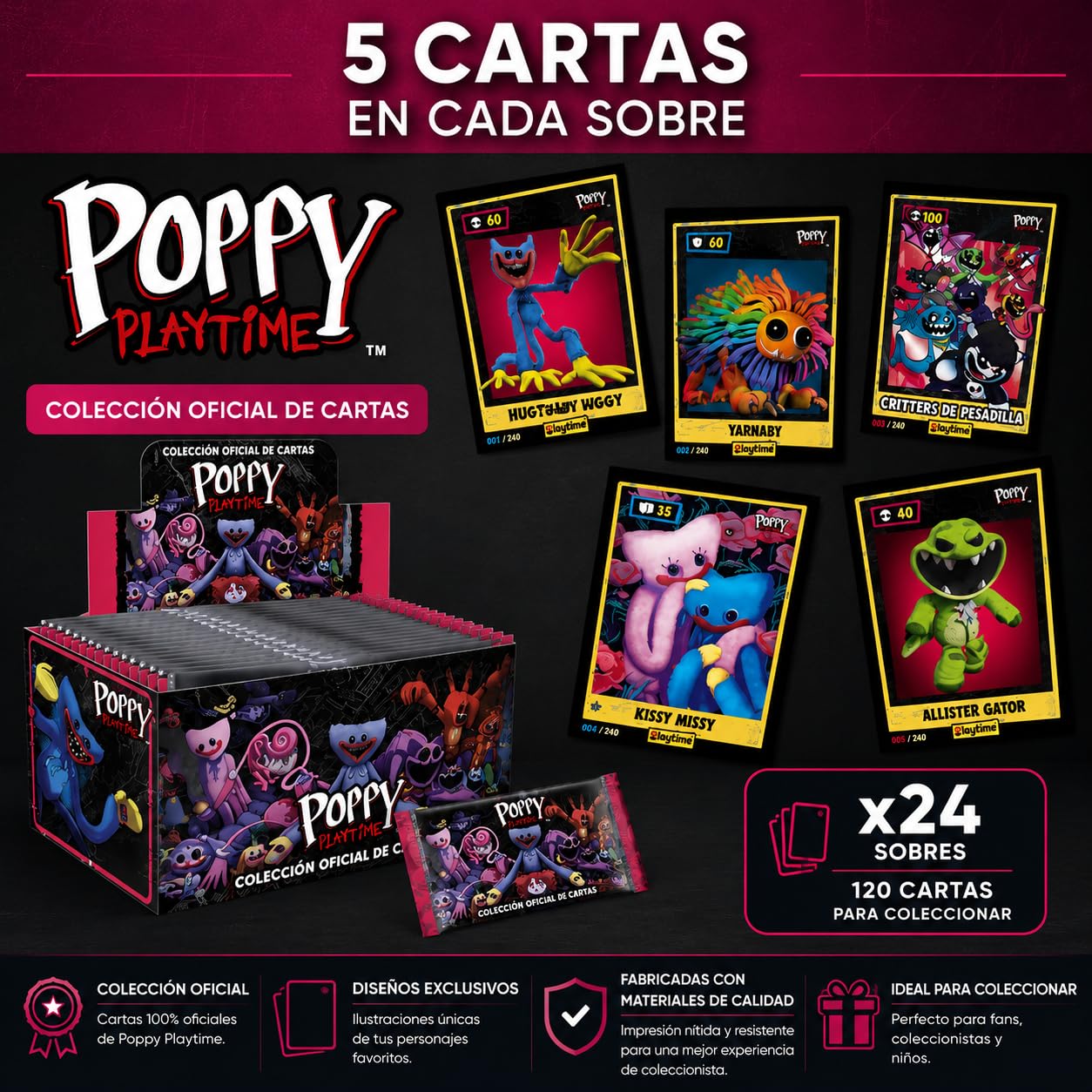 Poppy Playtime Official Card Collection Pack 24 Sobres | 5 Cartas por sobre | Cartas Coleccionables Oficiales para Niños y Fans