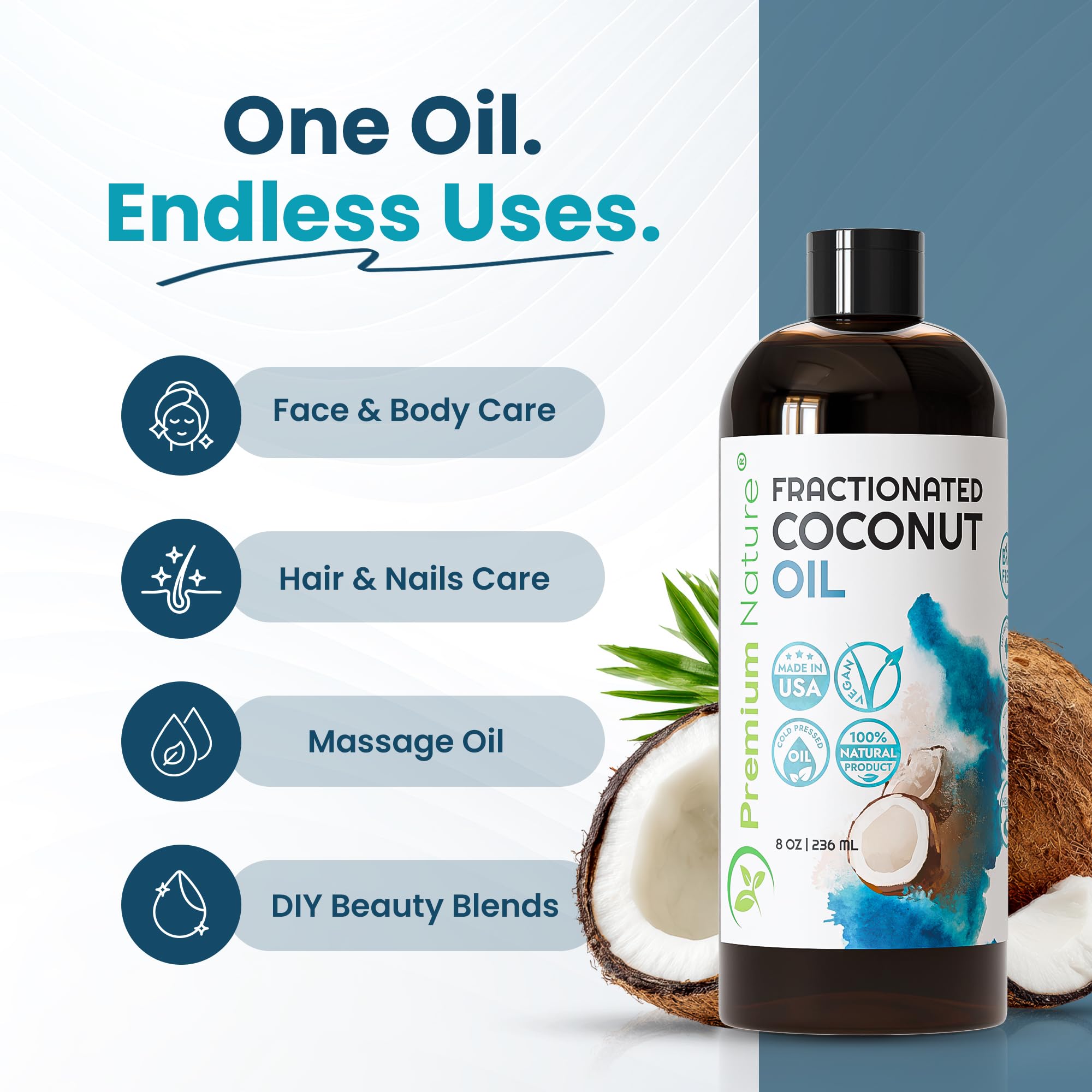 Olio di cocco frazionato 226,8 g - Olio di cocco liquido puro al 100%, leggero, inodore e incolore per pelle, capelli, massaggi, bellezza fai da te e miscelazione di oli essenziali