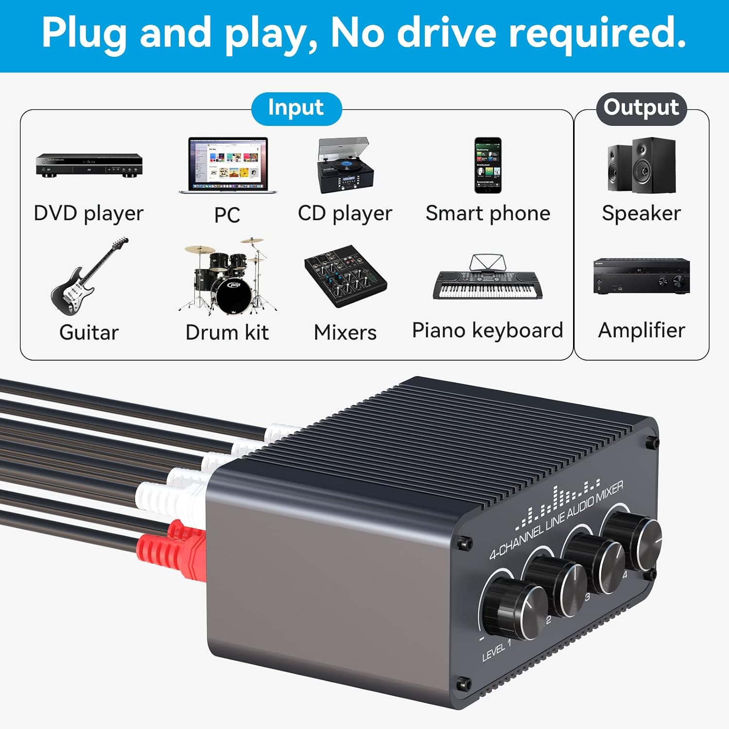 Buy Audio Mixer Ultra Low Noise 4 Channel RCA L/R line Levels Control Box Passive Mixer RCA