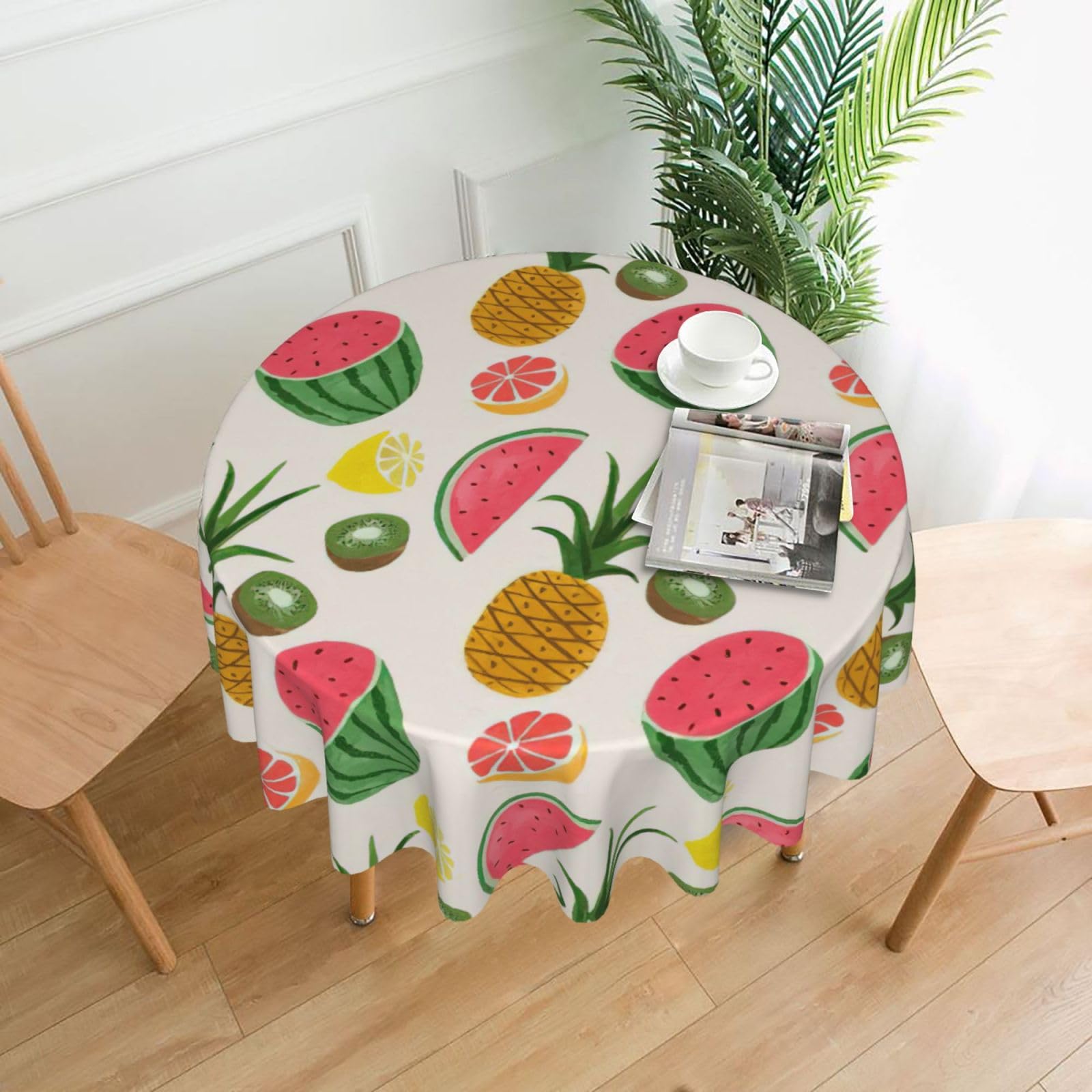 SDEGTHO Tropical Fruits Print Modern Retro Round Tablecloth 60in Polyester Fabric Cover for Party Dining Table Washable