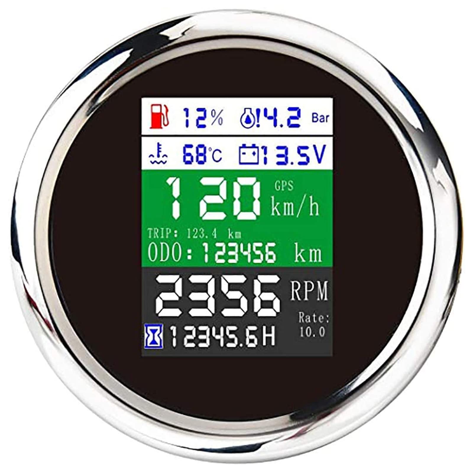KAOLALI Adjustable GPS Speedometer Multi-Functional 6-in-1 Digital Gauge Tachometer Voltmeter Oil Pressure Fuel Level Water Temp 0~10Bar Oil Pressure with Alarm 85mm 9-32V
