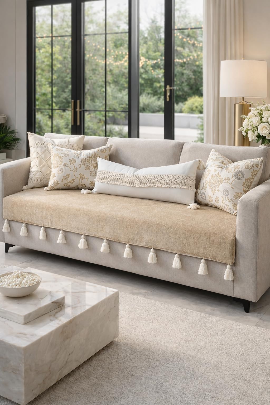 Tan Beige Sofa Cover 4 Seater White Tassels:Modern Sofa Cover 4 Seater: Fabric,Anti-Slip,Dust Proof,Sofa Protection Cover:Seat & Front Back Protection- Fits 4 Seater Sofa,Size: 130 x 230 CMS -1 Piece-image-12