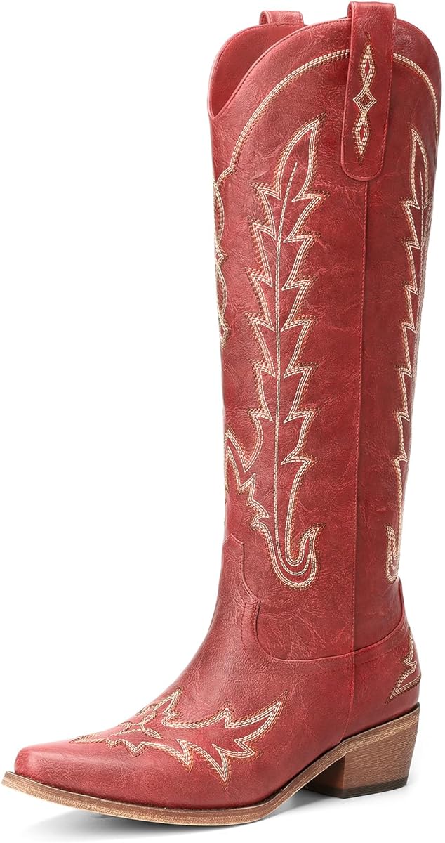 Amazon.com | Rivalran Red Cowboy Boots for Women - Wide Calf Knee High Pointed Toe Chunky Heel Pull On Zipper Western Cowgirl Boots, Retro Country Vintage Fashion Tall Boots US Size 10 | Over-the-Knee