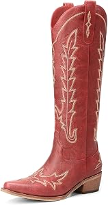 Rivalran Cowboy Boots for Women - Knee High Pointed Toe Chunky Heel Pull On Zipper Western Cowgirl Boots, Retro Country Vintage Fashion Tall Boots