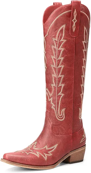 Rivalran Cowboy Boots for Women - Knee High Pointed Toe Chunky Heel Pull On Zipper Western Cowgirl Boots, Retro Country Vintage Fashion Tall Boots