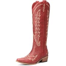 Rivalran Cowboy Boots for Women - Knee High Pointed Toe Chunky Heel Pull On Zipper Western Cowgirl Boots, Retro Country Vintage Fashion Tall Boots