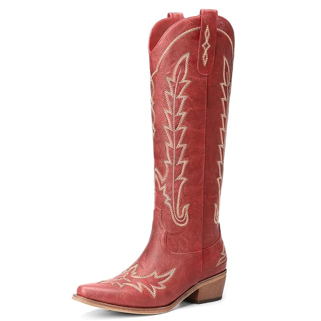 Cowboy Boots for Women - Knee High Pointed Toe Chunky Heel Pull On Zipper Western Cowgirl Boots Retro