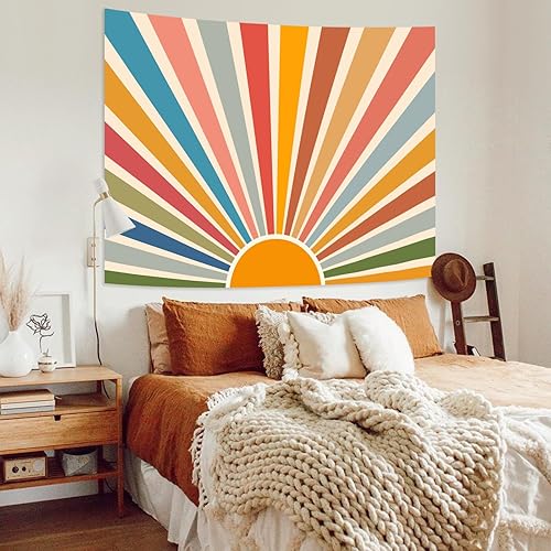 Miniatura 5 de Kanuyee Tapiz bohemio para colgar en la pared, diseño retro de los años 70, abstracto, vintage, geométrico, arco iris, amanecer, para dormitorio,