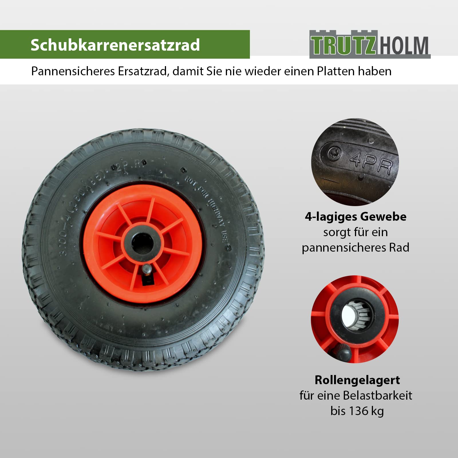 4X Sackkarrenrad 3.00-4 260x85 Luftrad Ersatzrad 4PR mit Kugellager Bollerwagenrad Sackkarrenräder 136 kg Tragkraft je Rad