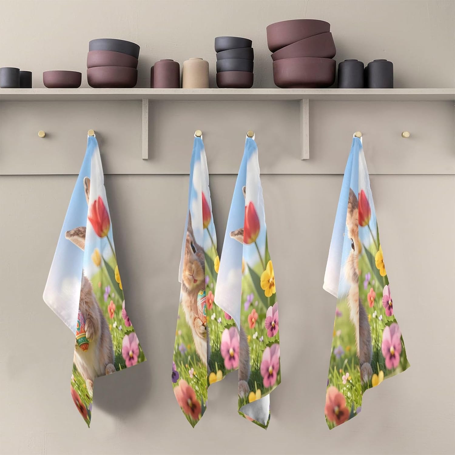 Easter Cute Rabbit Kitchen Towels Set of 6, Soft Absorbent Quick Drying and Reusable Dish Towels for Kitchen, Bathroom and Home Decor, 18 x 28 in