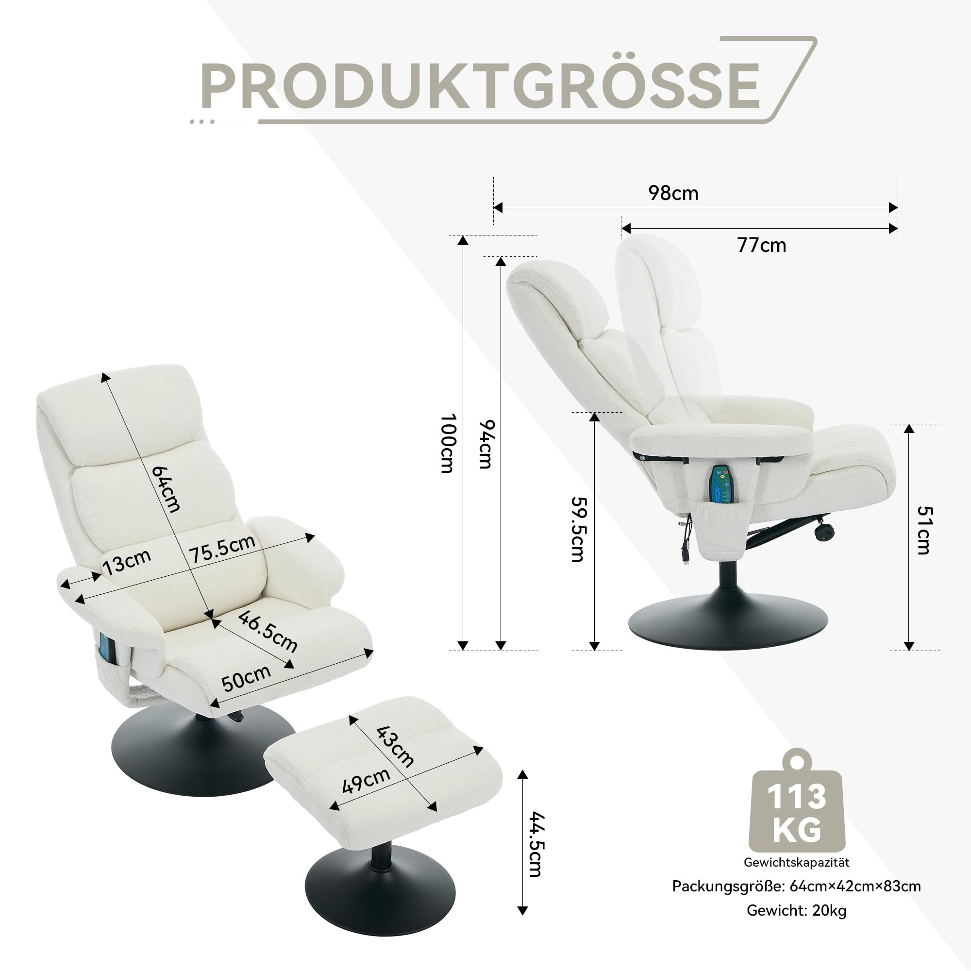 Poltrona Relax in Ciniglia con Massaggio e Riscaldamento, Bianco, 77x75.5x100 cm
