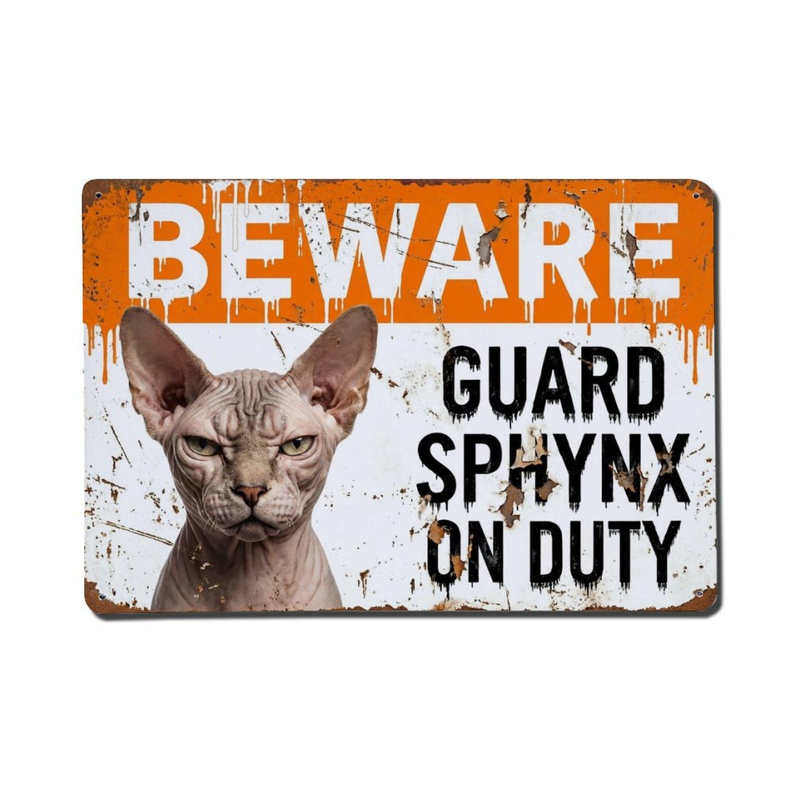 Vintage Funny Sphynx Guard Beware of Cat Steps Metal Tin Sign