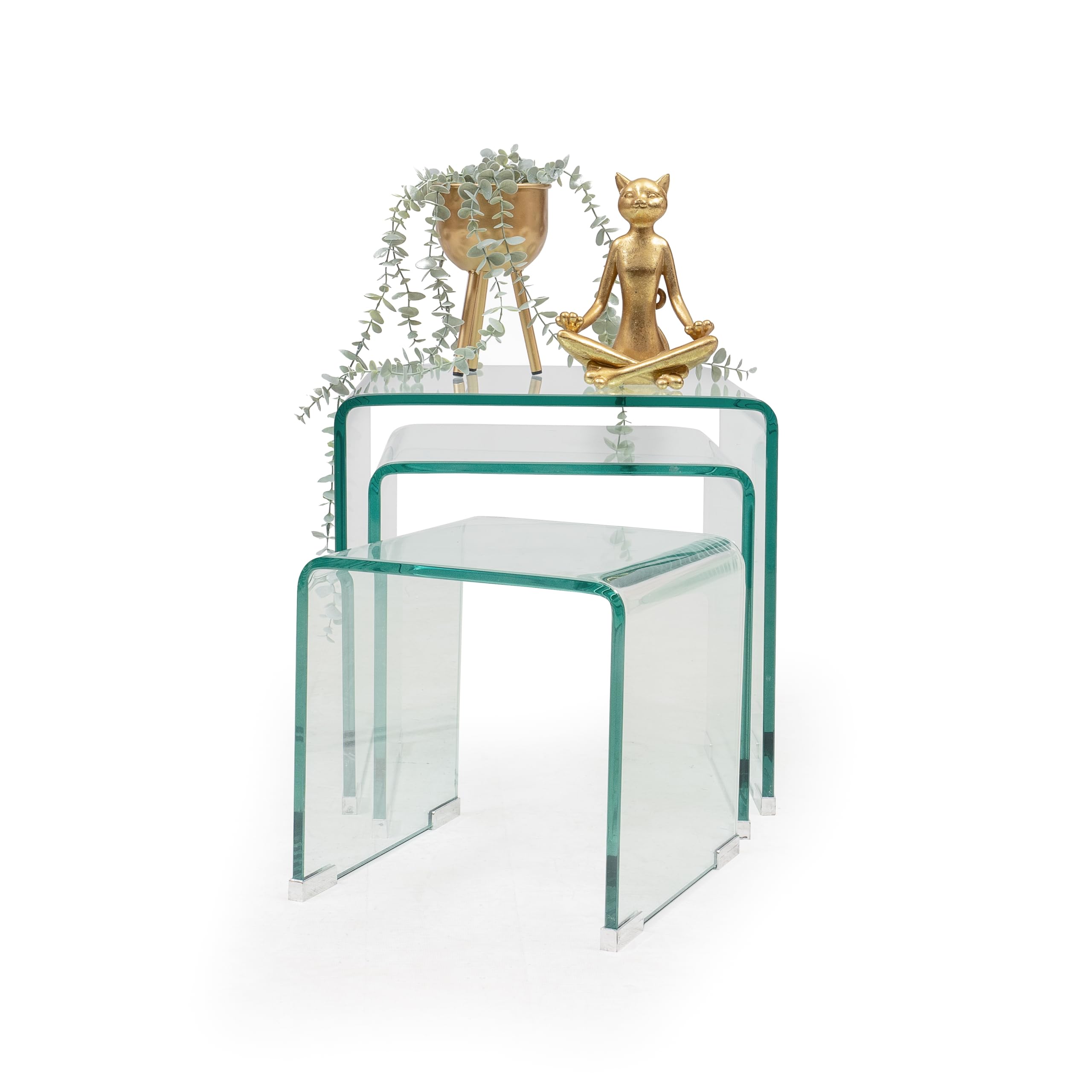 Homely® Juego de Tres Mesas Nido Murano 43-36-30 cm. | Cristal Curvado Templado de una Pieza Grosor 12mm. | Diseño Minimalista Ideal para Salones Modernos (Cristal Transparente)