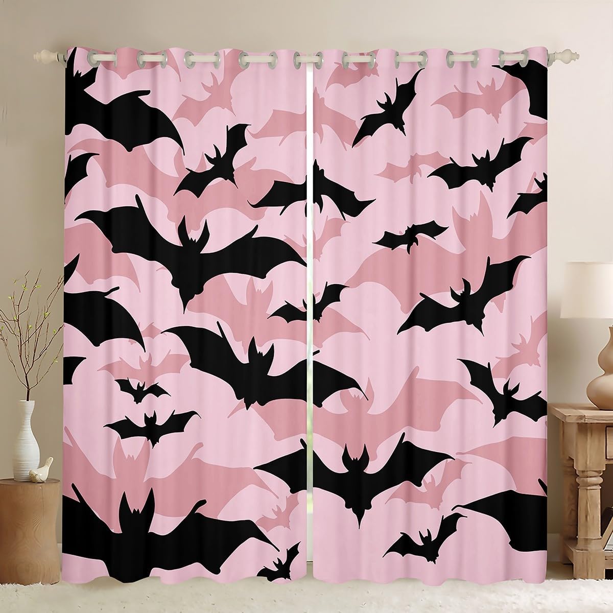 Feelyou Bat Curtains for Bedroom Living Room (2 Panels, 42 x 84 Inch) Kids Pink Bat Blackout Curtains Boys Girls Teens Pink Halloween Darkening Drapes Black Bat Animal Print Window Treatments