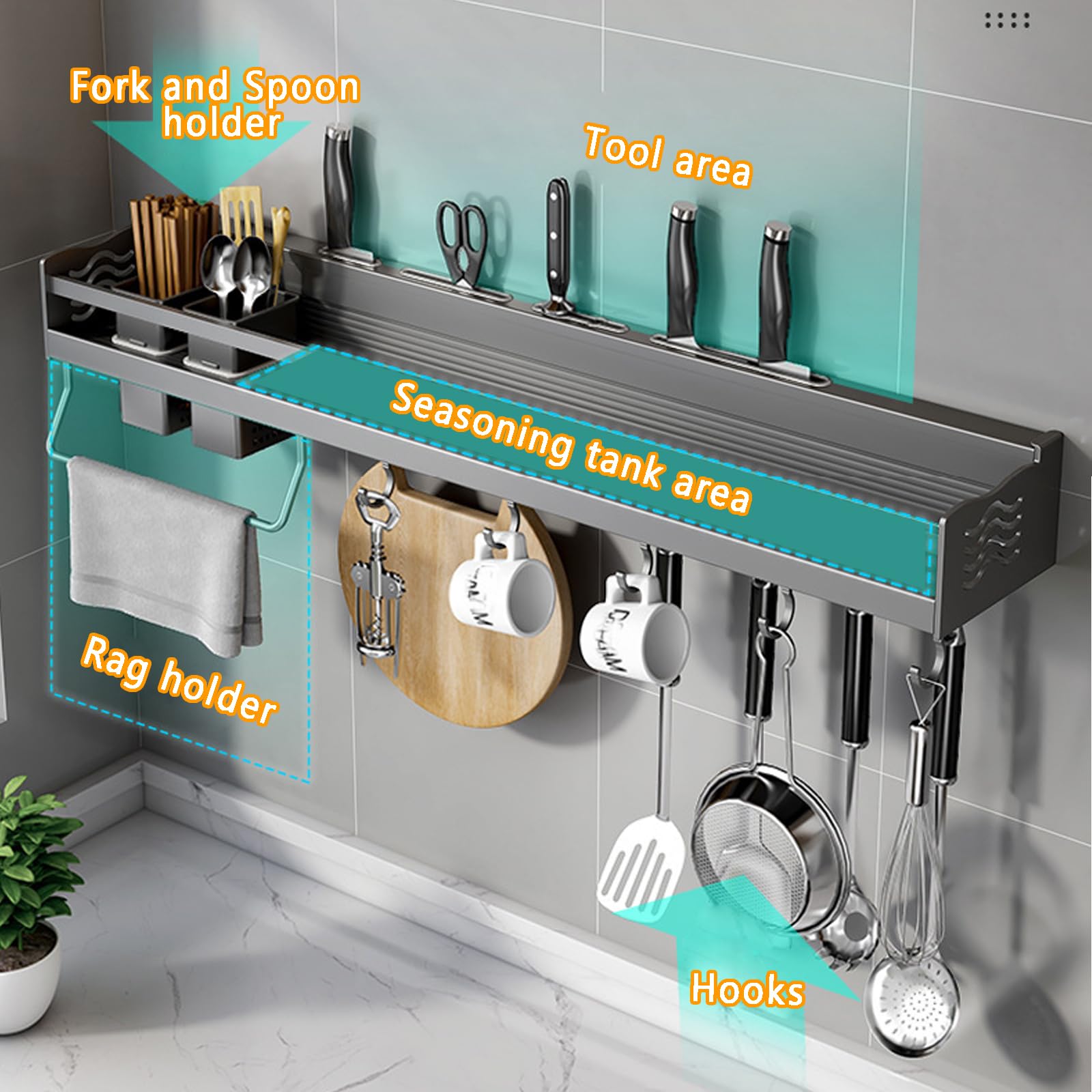 Rangement epices Cuisine Etagere a epices Porte étagère Murale rangement etagere cuisine murale(40cm, Black Noir)