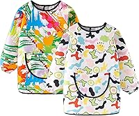 Sieafan 2PCS Kids Art Smock Aprons - Long Sleeve Painting Smocks with Pockets & Elastic Cuffs for Toddlers