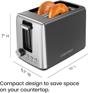 Chefman 2 Slice Toaster, 7 Shade Settings, Removable Crumb Tray, Thick Bread and Bagel Toaster with Defrost and Cancel Buttons Black