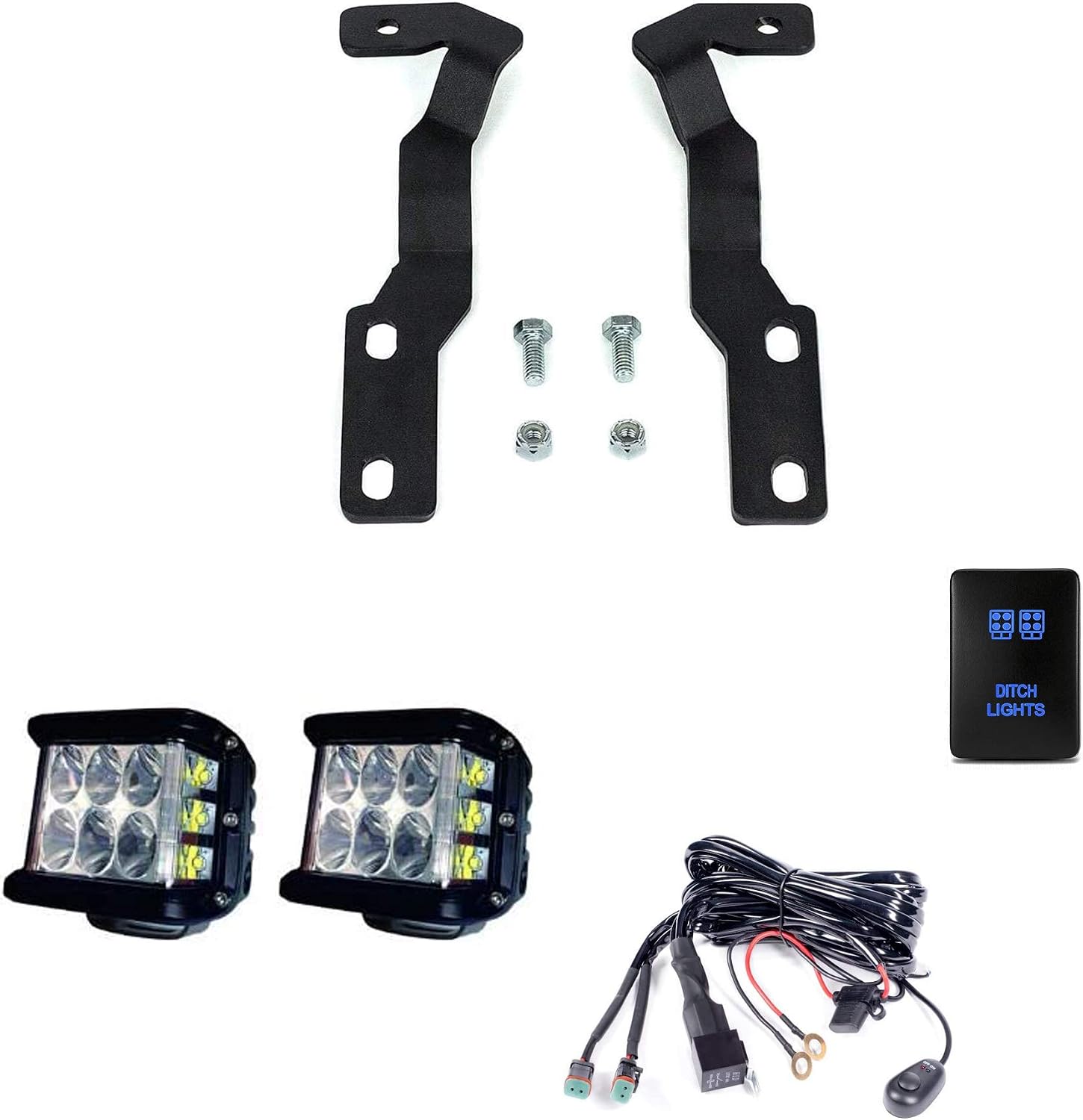 Cali Raised LED Low Profile Ditch Light Bracket Kit for Toyota Tacoma 2016-2023 - Includes Ditch Mounts, 27W Side Projecting LED Pods, Dual Wiring Harness, Small Switch with Blue Backlight