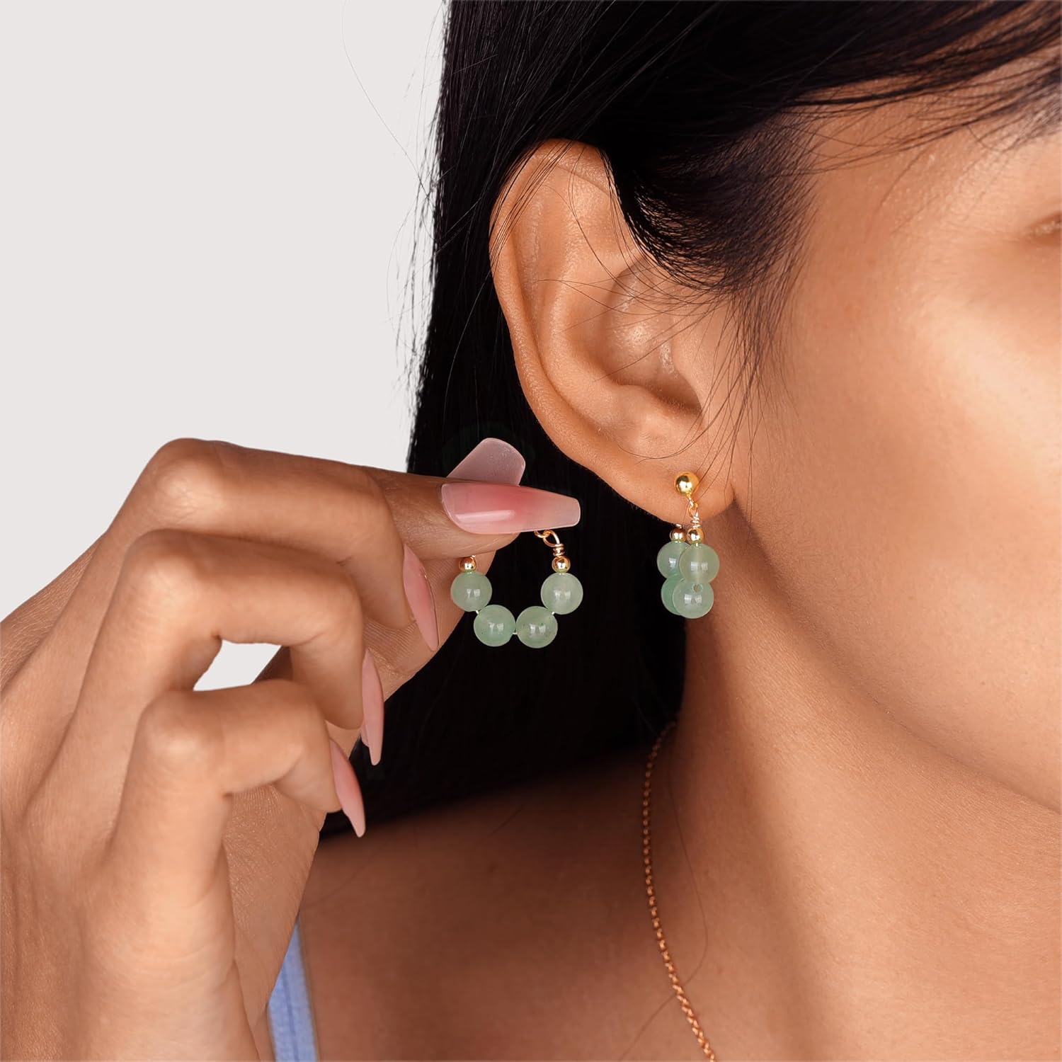 Natural Aventurine Jade Earrings, Beaded Hoop Earrings for Women Green Jade Charm Pendant Jewelry Studs, Handmade Stud Earrings for Women (Gold Plated Sterling Silver) (Aventurine jade)