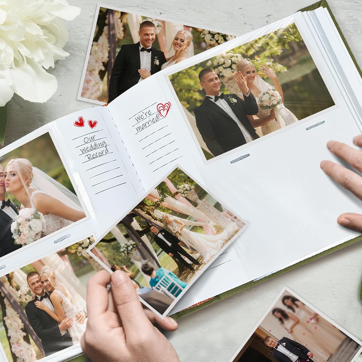 Premium Linen Fabric Rose Photo Album 4x6 Pictures 200 Pockets Wedding Memory Book with Writing Space Photo Organizer for Family Baby Anniversary-Olive