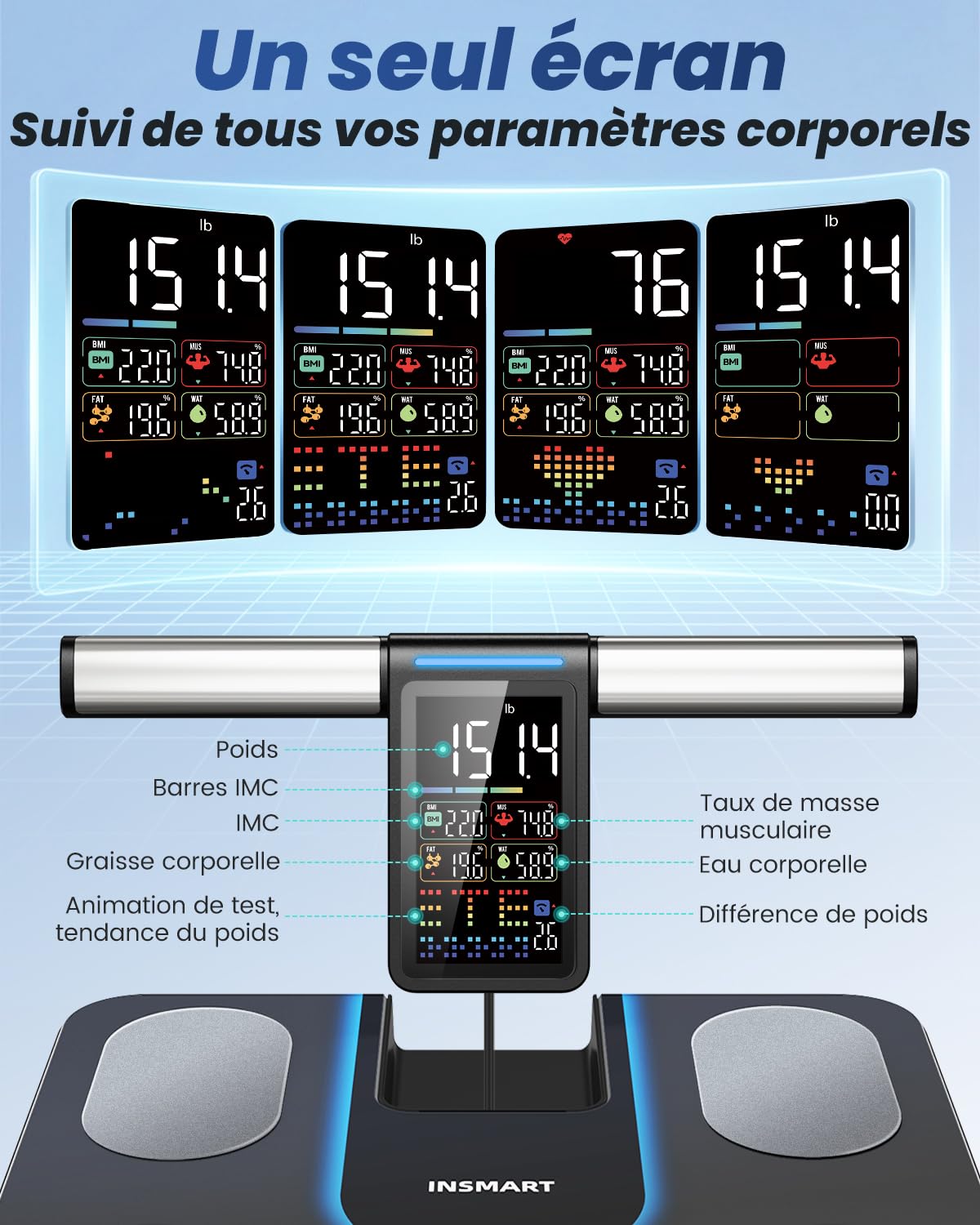 INSMART Pese Personne Intelligent, Balance Pese Personnes à 8 électrodes avec IMC, masse graisseuse et masse musculaire, analyseur de composition corporelle 56, balance à plate-forme plus grande