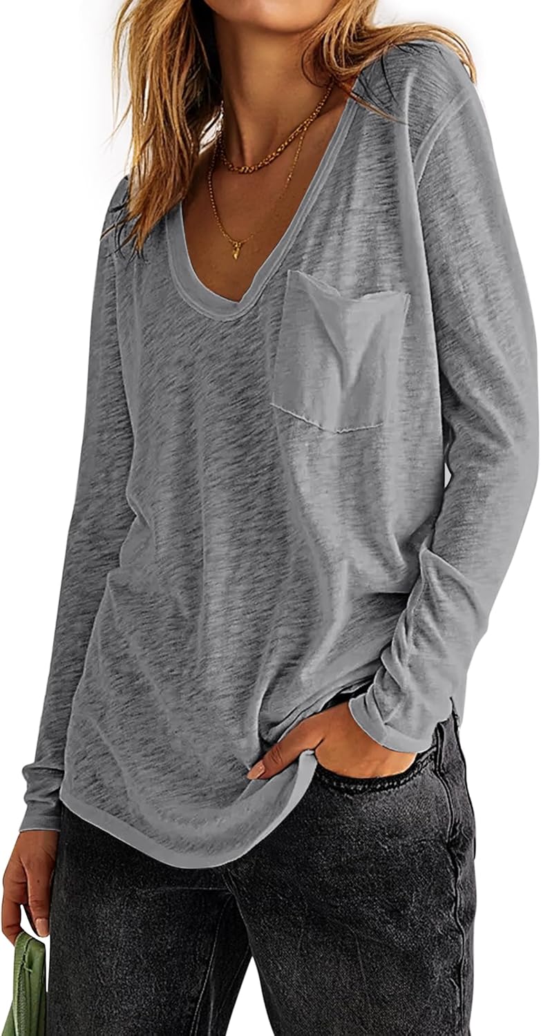 Hilinker Women's Sheer Mesh Long Sleeve Top V Neck See Through T Shirt with Pocket